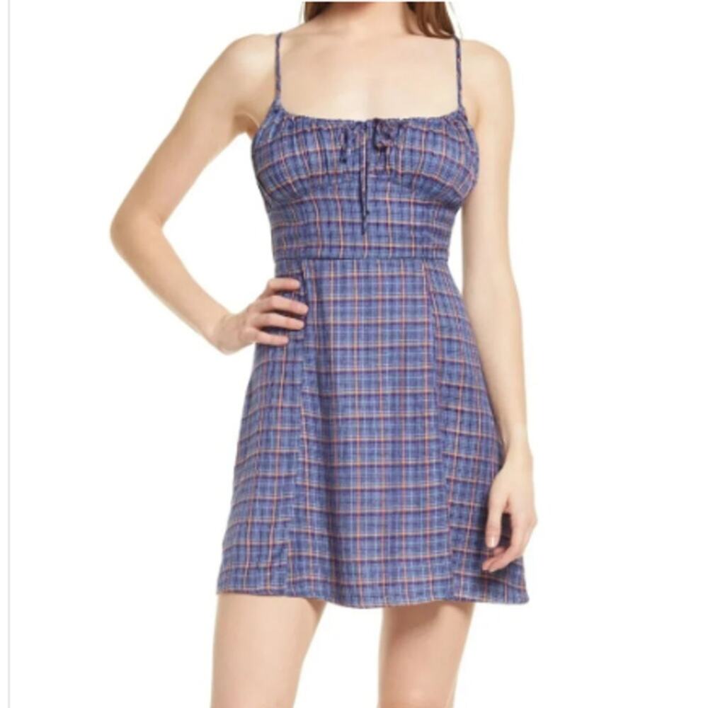 BDG Urban Outfitters Kamaryn Plaid Mini Dress Medium Tie Blue